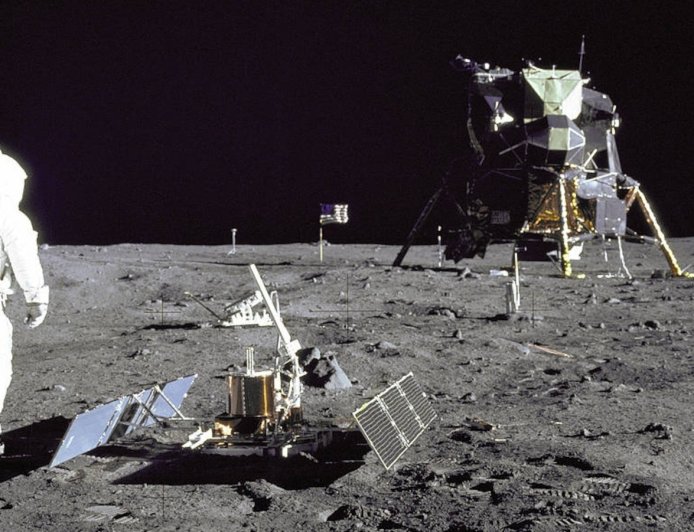 Far above the Earth, NASA's Apollo lunar lander put astronauts on the moon