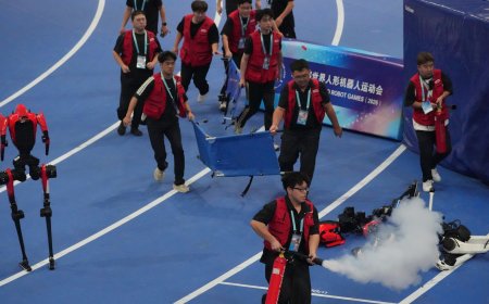 A robot sprinter shatters a 100-meter record again as sparks fly at China’s robot competition